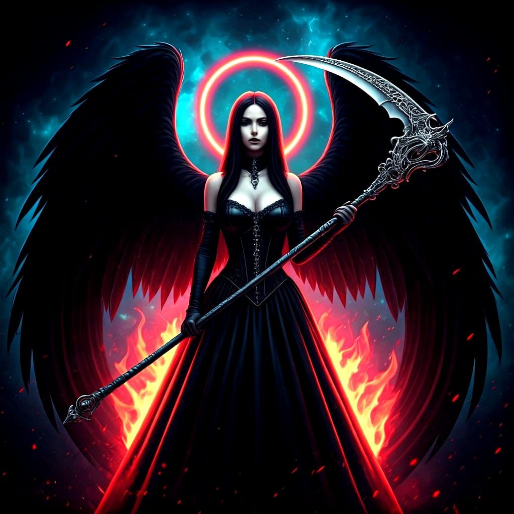 Goth Woman with Wings and Scythe in Cosmic Fire
