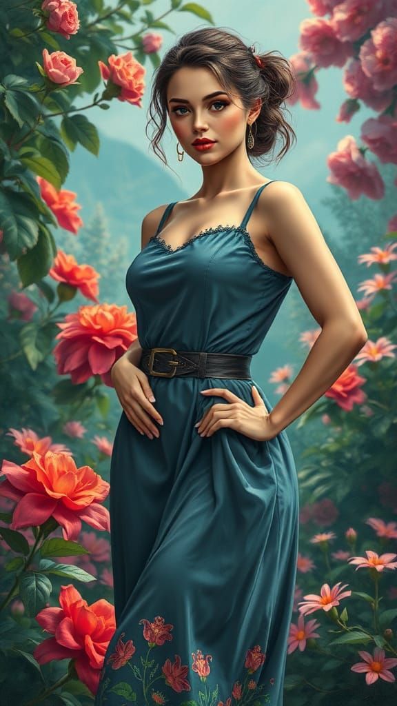 Pin-Up Woman in Garden: Oil Paint Style