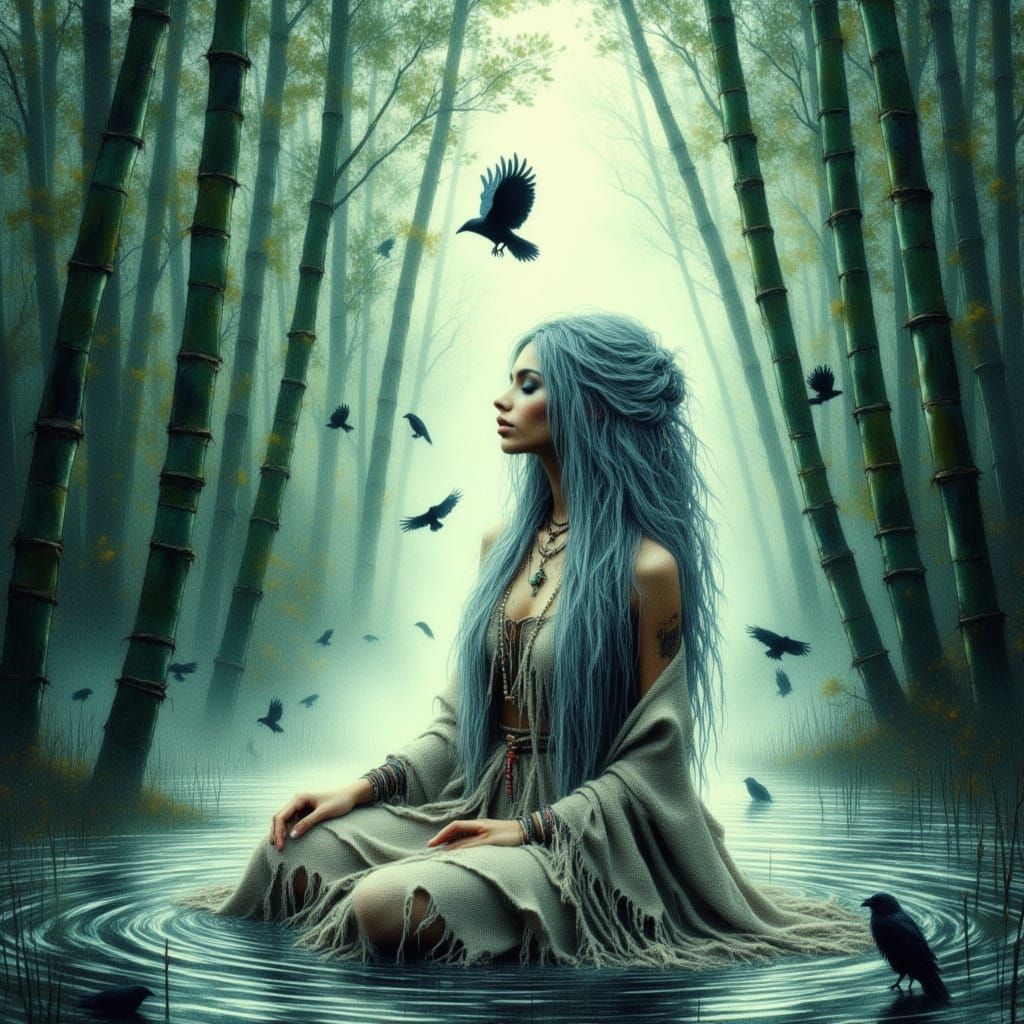 Ethereal Woman Meditating in Bamboo Forest