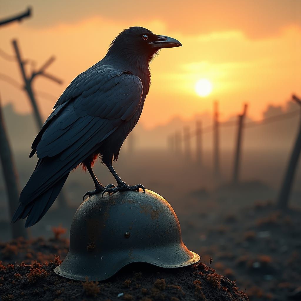 Raven on Helmet Over WWI Battlefield at Sunrise
