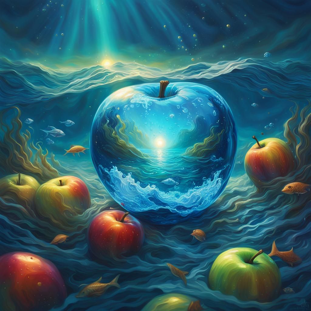 Glowing Glass Apple in Underwater Fantasy Scene