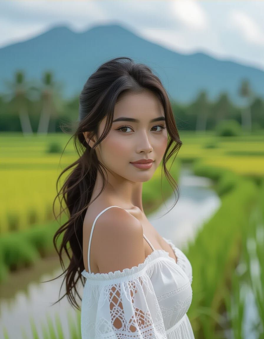 Tropical Rural Scenery with Indonesian Woman