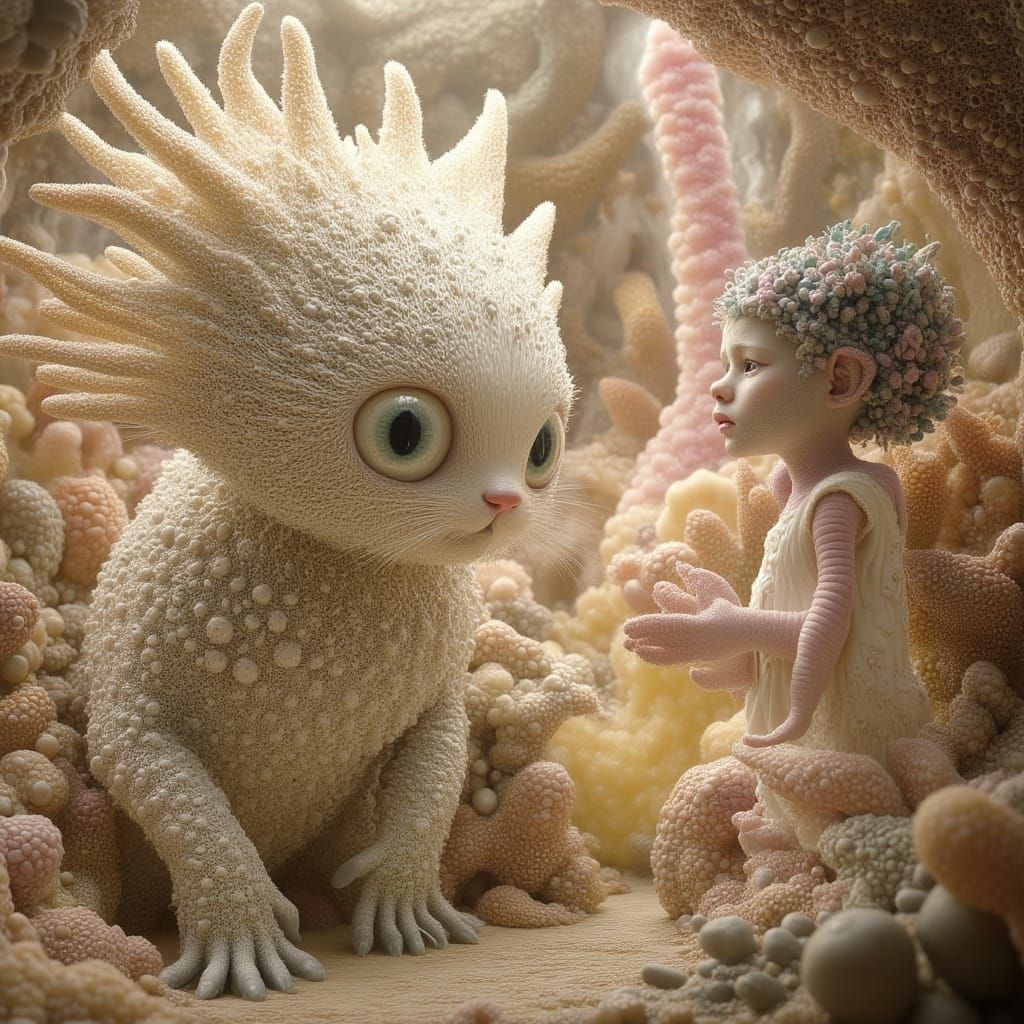 Ethereal Companion: Human and Symbiotic Feline-Reptile Creat...