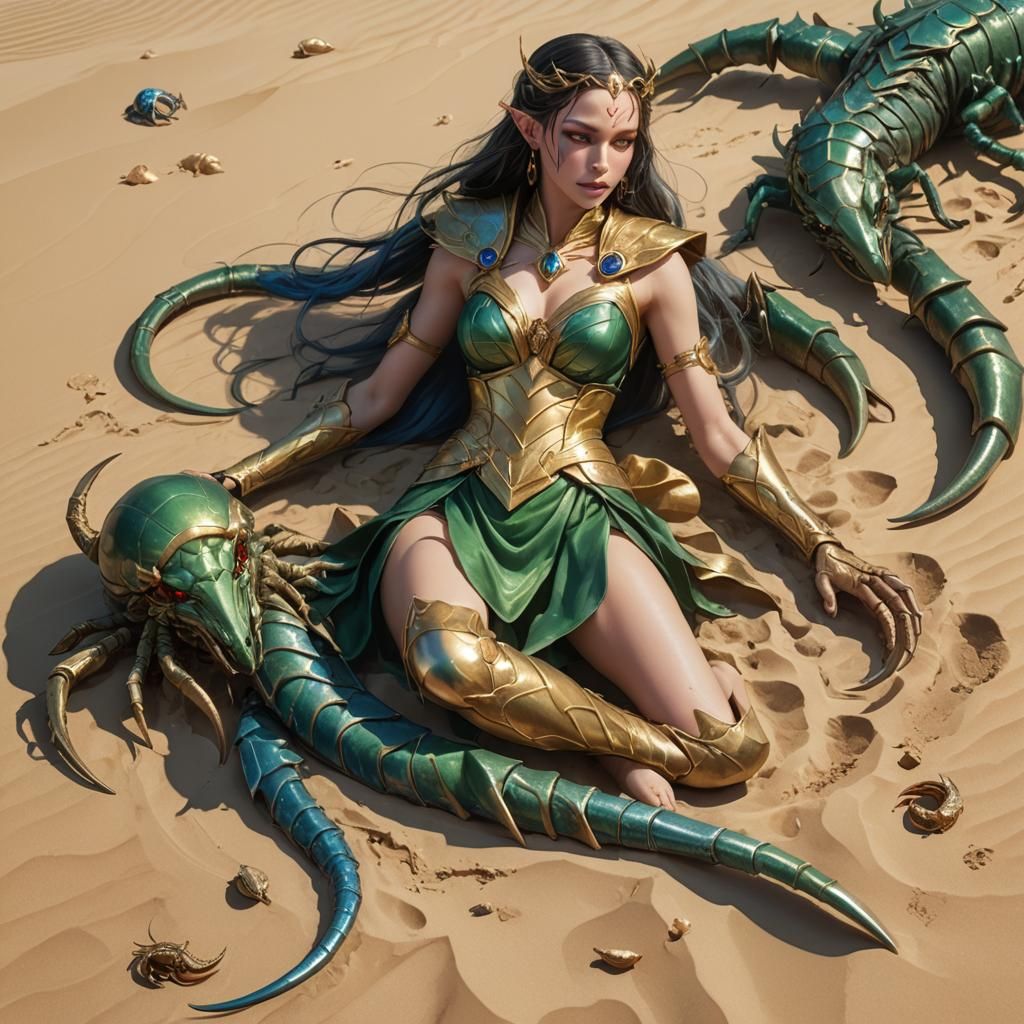 Elven Maiden and Scorpion Battle in Manga Style