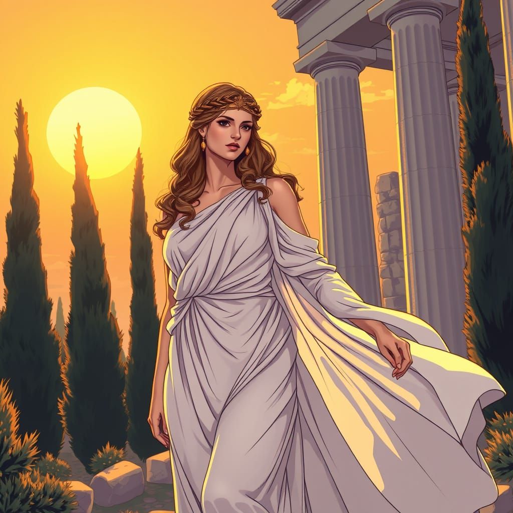 Greek Goddess in Serene Ancient Temple, Anime Style