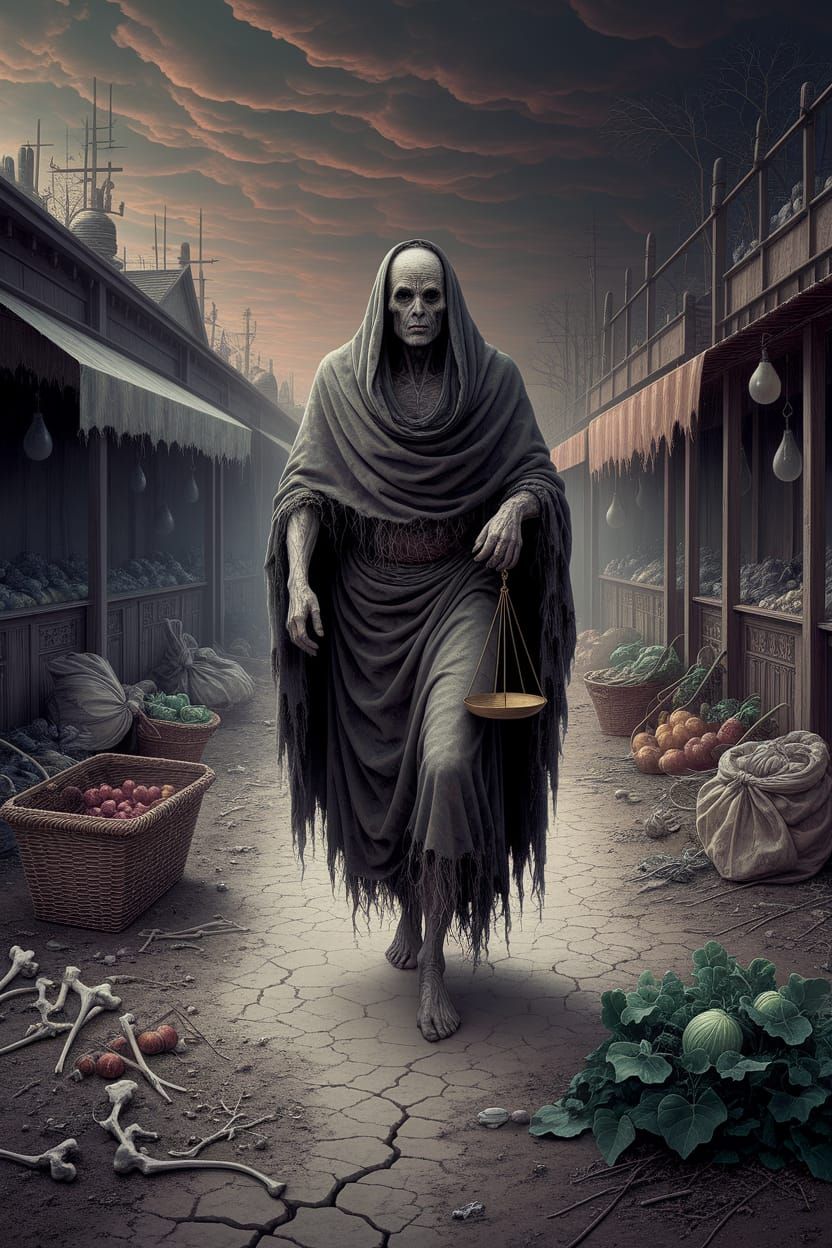 Impressionist Painting of Famine in Gothic Marketplace