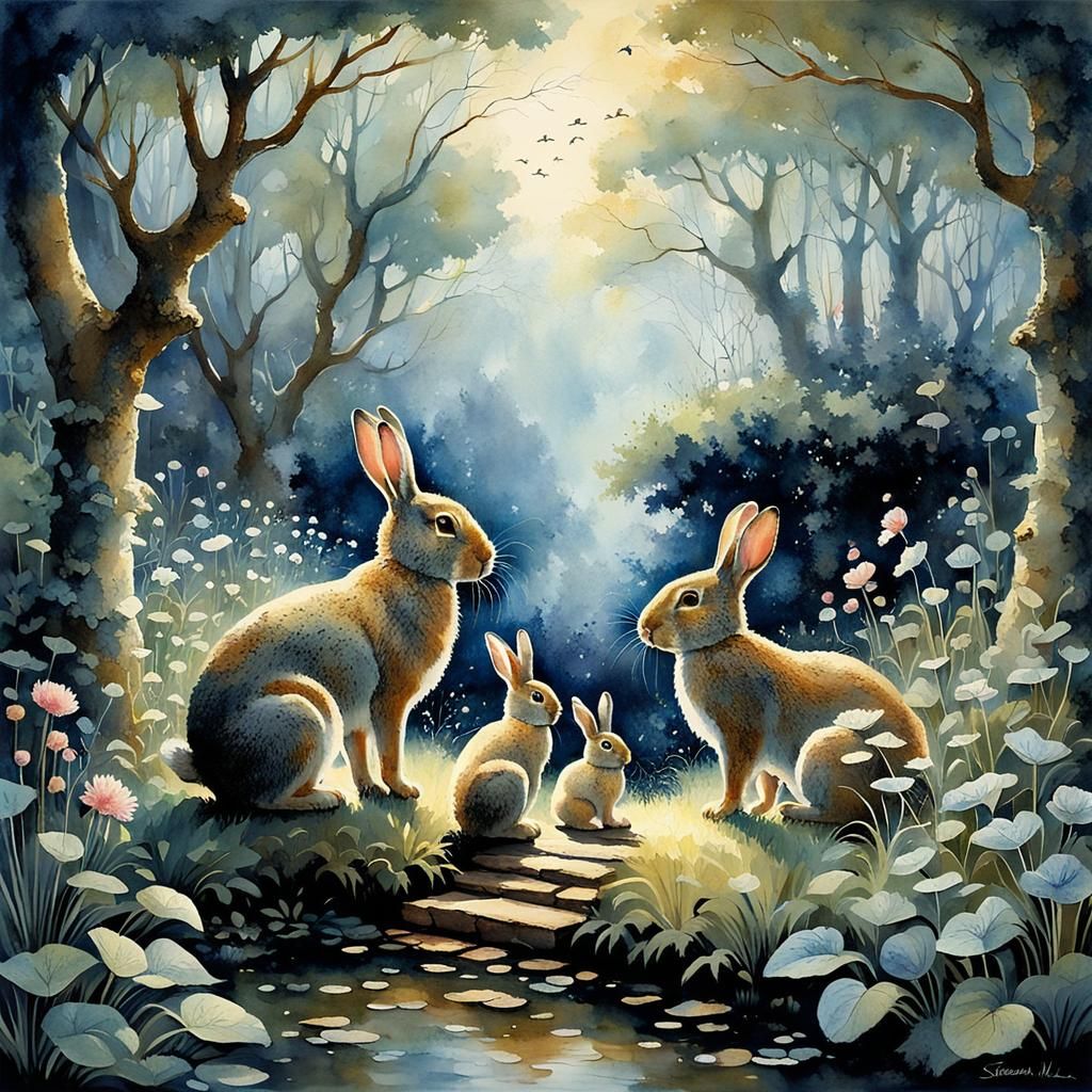 Rabbit Family in Enchanted Garden Watercolor