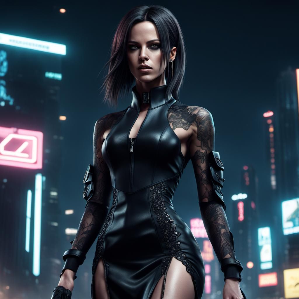 Cyberpunk Girl with Black Dress in 8K