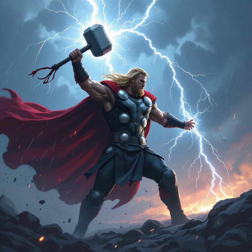 Thor Wielding Mjolnir Amidst Storm, Cinematic Lighting