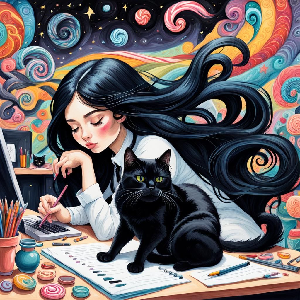 Girl Working at Desk with Cats in Gouache Style