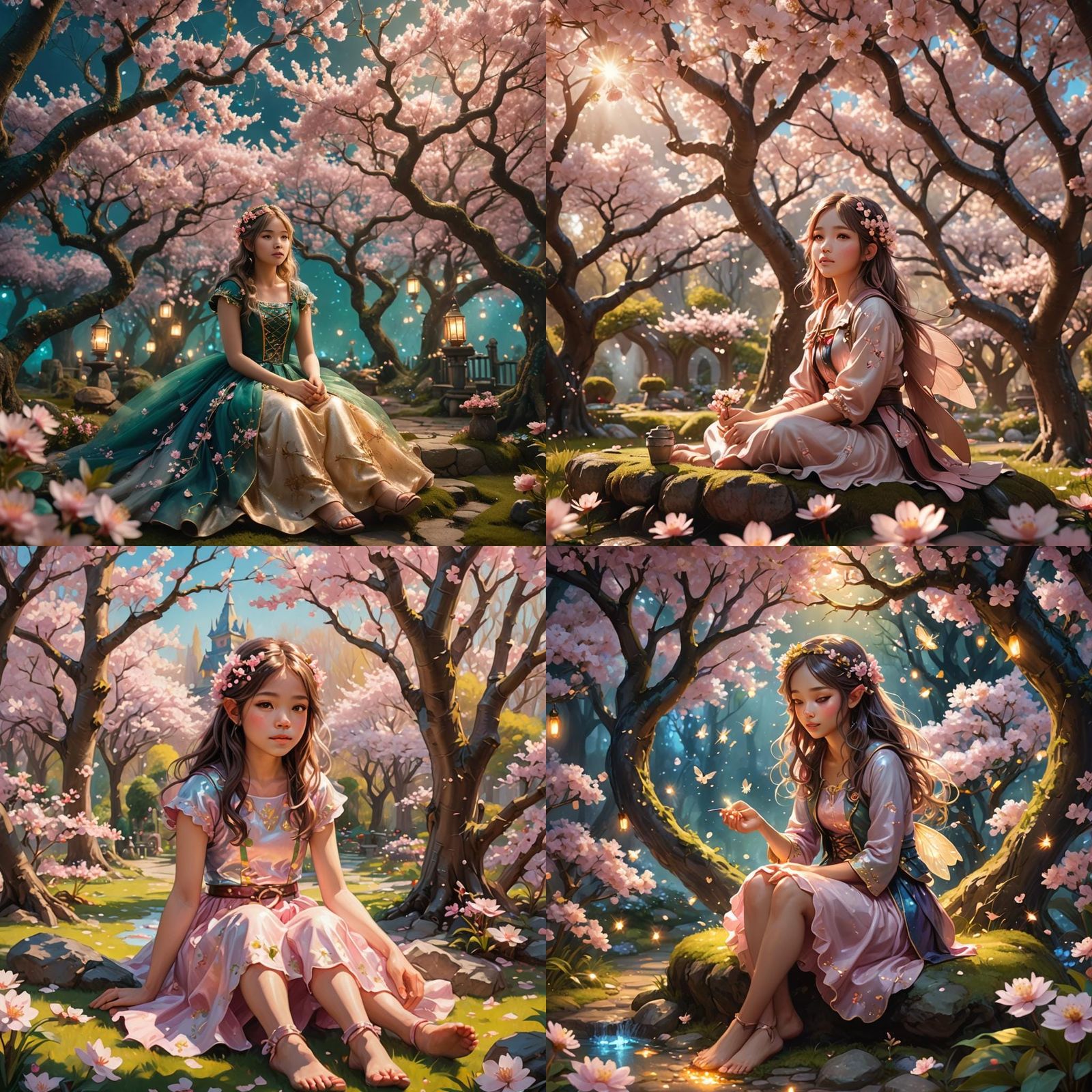 Fairy Garden with Cherry Blossoms and Girl