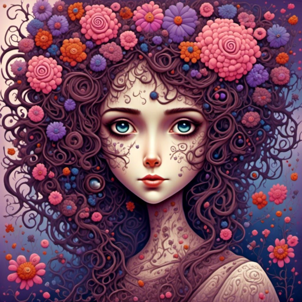Beautiful Young Witch with Flowers and Curls