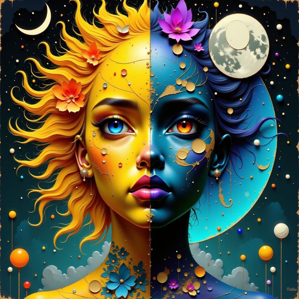 Contrasting Sun and Moon Portrait in Digital Art Style