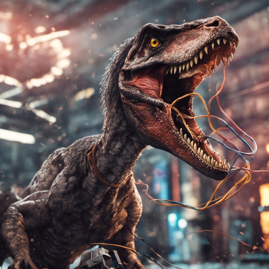 Velociraptor Attacks Router in Detailed Matte Painting