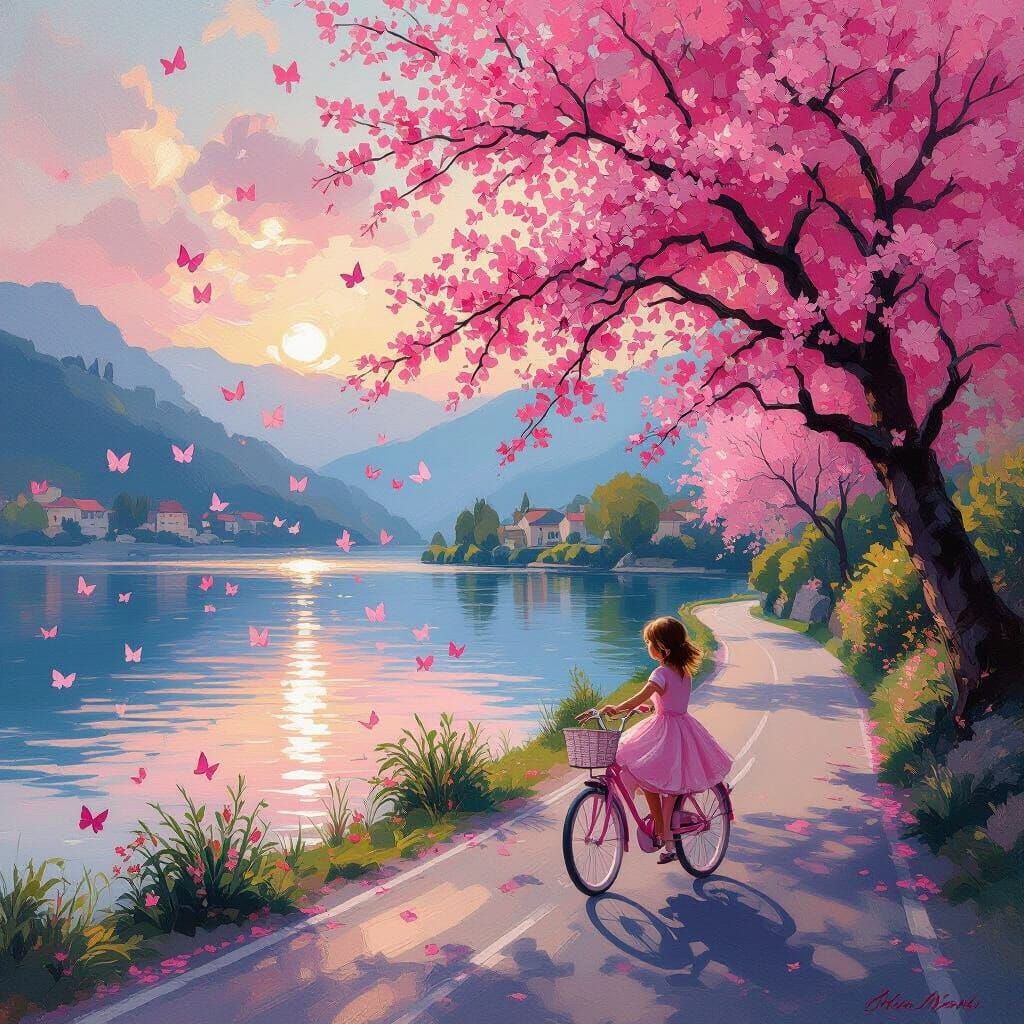 Girl on Pink Bicycle by Lake at Sunset