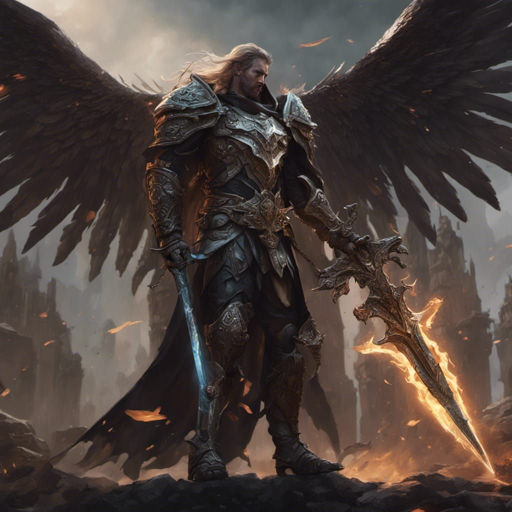 Dark Winged Paladin with Sword in Dark Fantasy Style