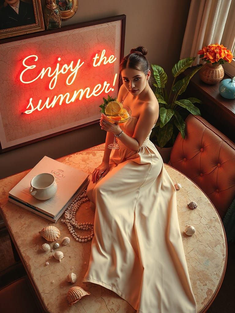 Vogue Postcard with Neon Summer Text in Anime Style