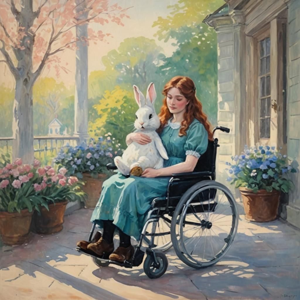 Impressionist Painting of Woman with Rabbit in Wheelchair