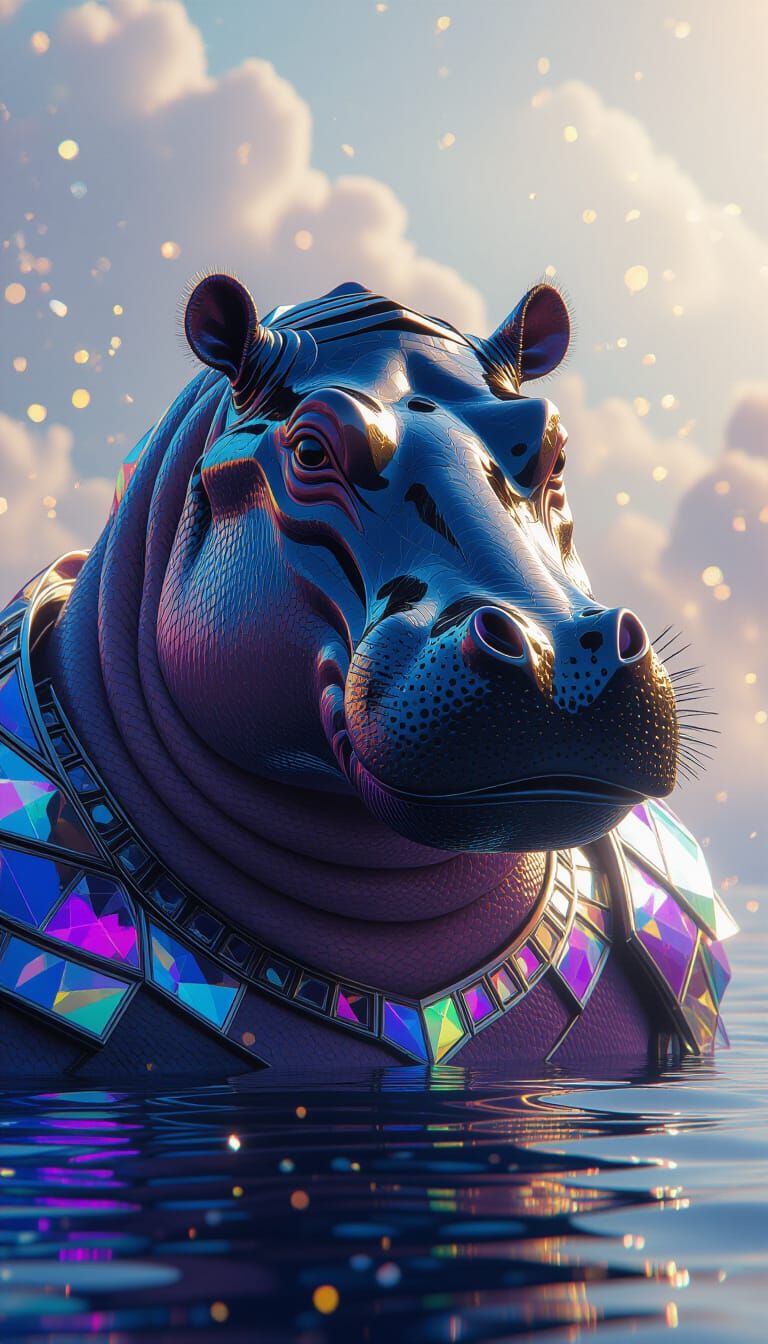 Hippo in Crystalline Armor with Rainbow Reflections
