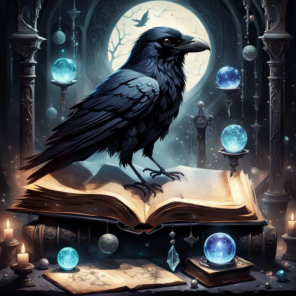 Ominous Raven Guarding Spellbook in Dark Chamber