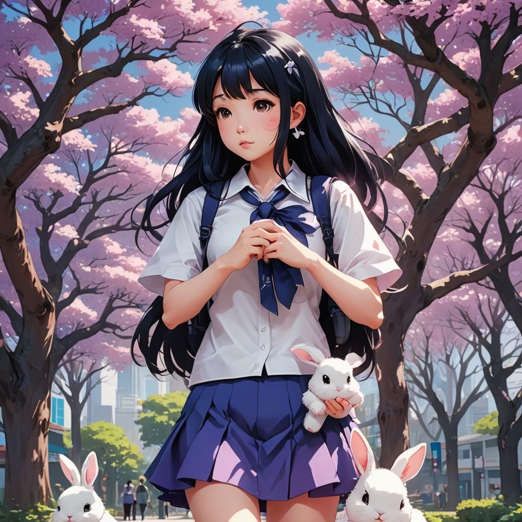 Cute Korean Girl with Bunny in Anime Style