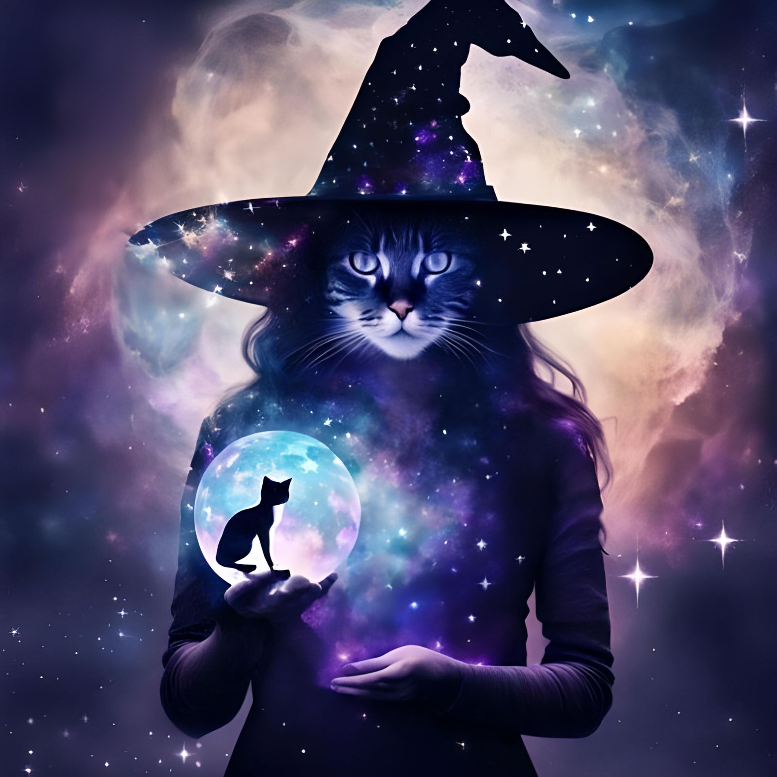 Witch and Cat Double Exposure Galaxy Art