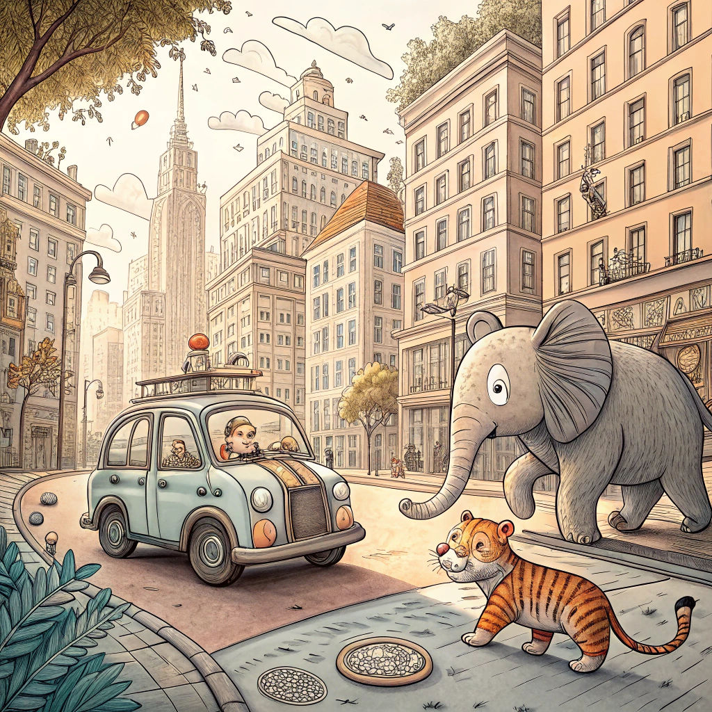 Lively Doodle City Scene with Friendly Animals