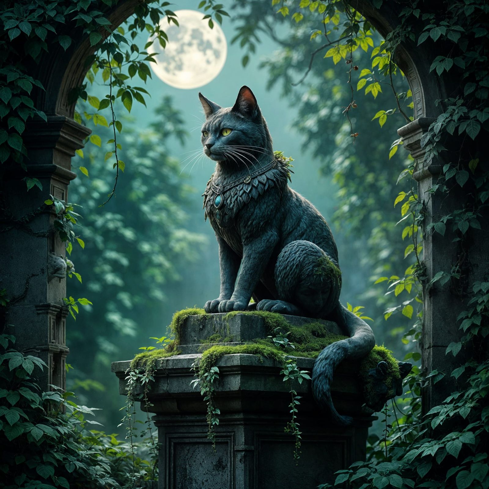Ancient Stone Cat Statue in Moonlit Garden