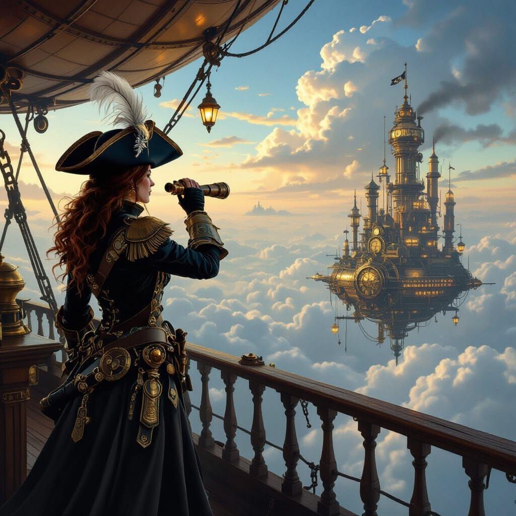 Steampunk Pirate Airship Over Cloud City
