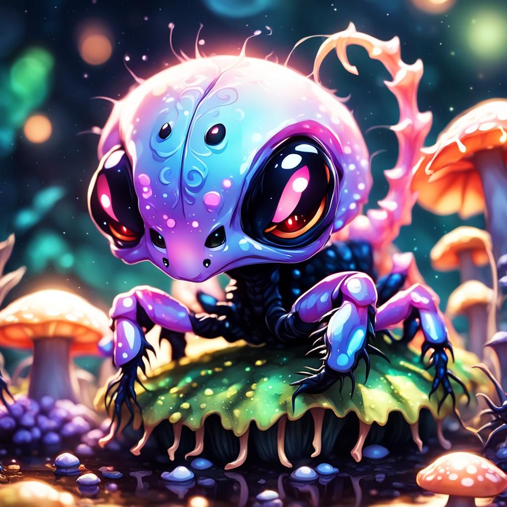 Chibi Scorpion-Spider on Mushroom: Anime-Inspired 3D Art