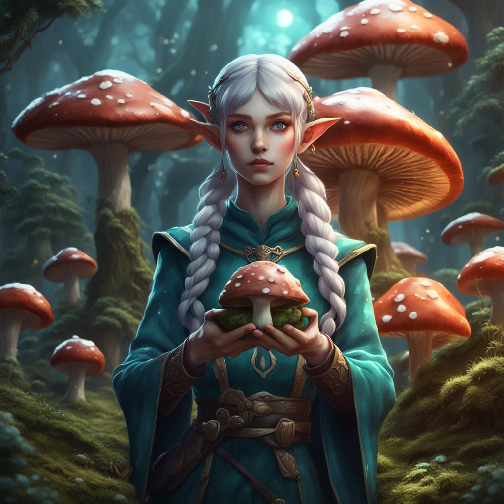 Anime Elf with Mushroom: Detailed Fantasy Art