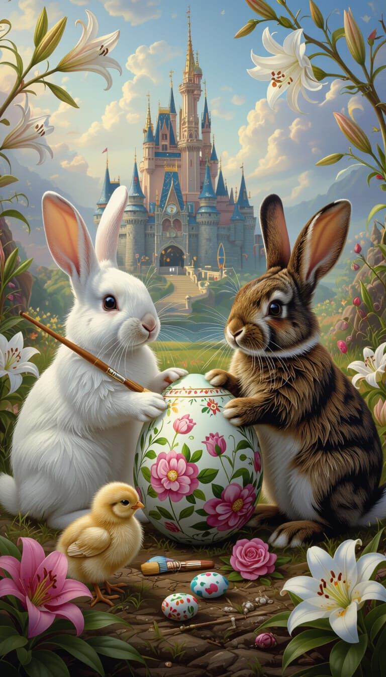 Rabbits and Chicks Painting Easter Egg in Hyper-Realistic St...