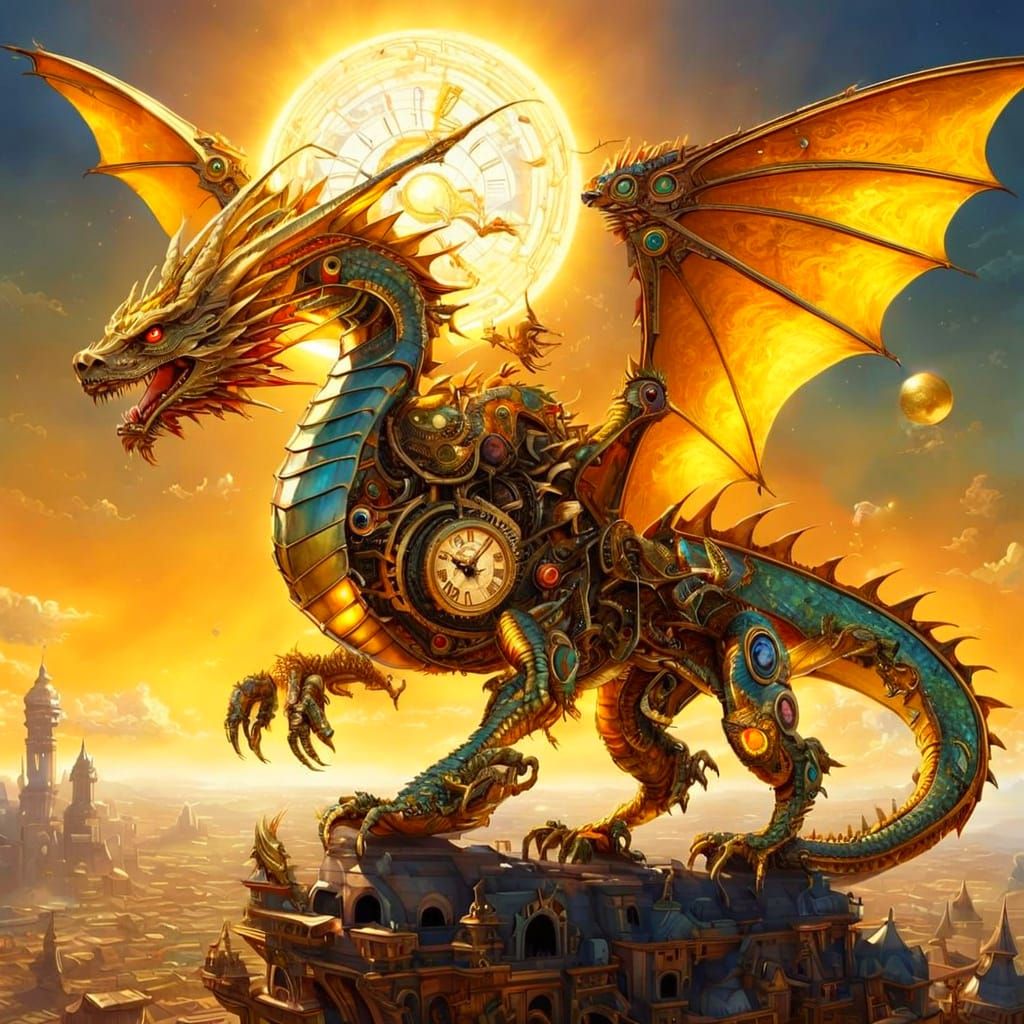 Golden Steampunk Dragon Amidst Colorful Skies