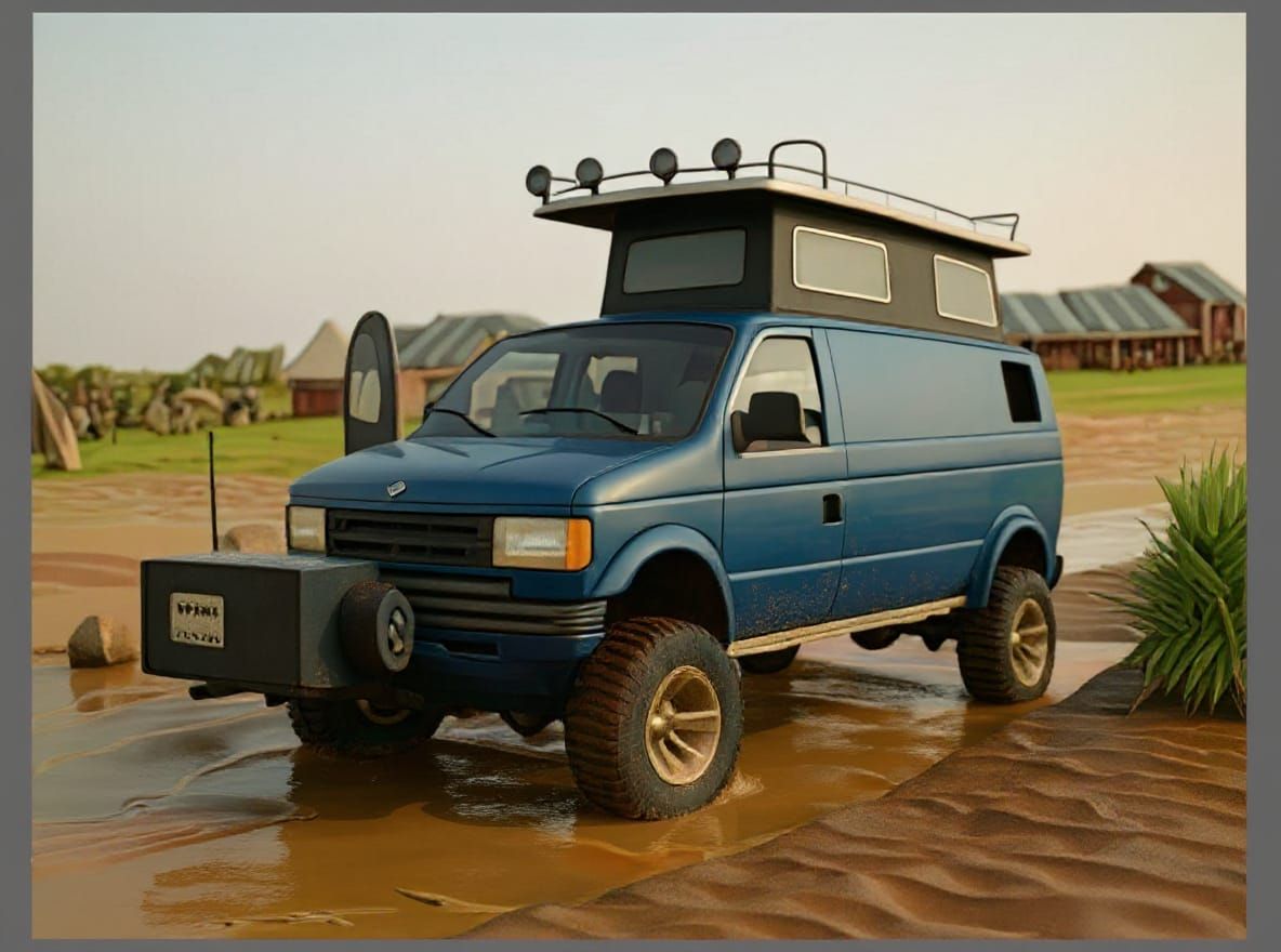 Monster Tires on Royal Blue Van in Mud