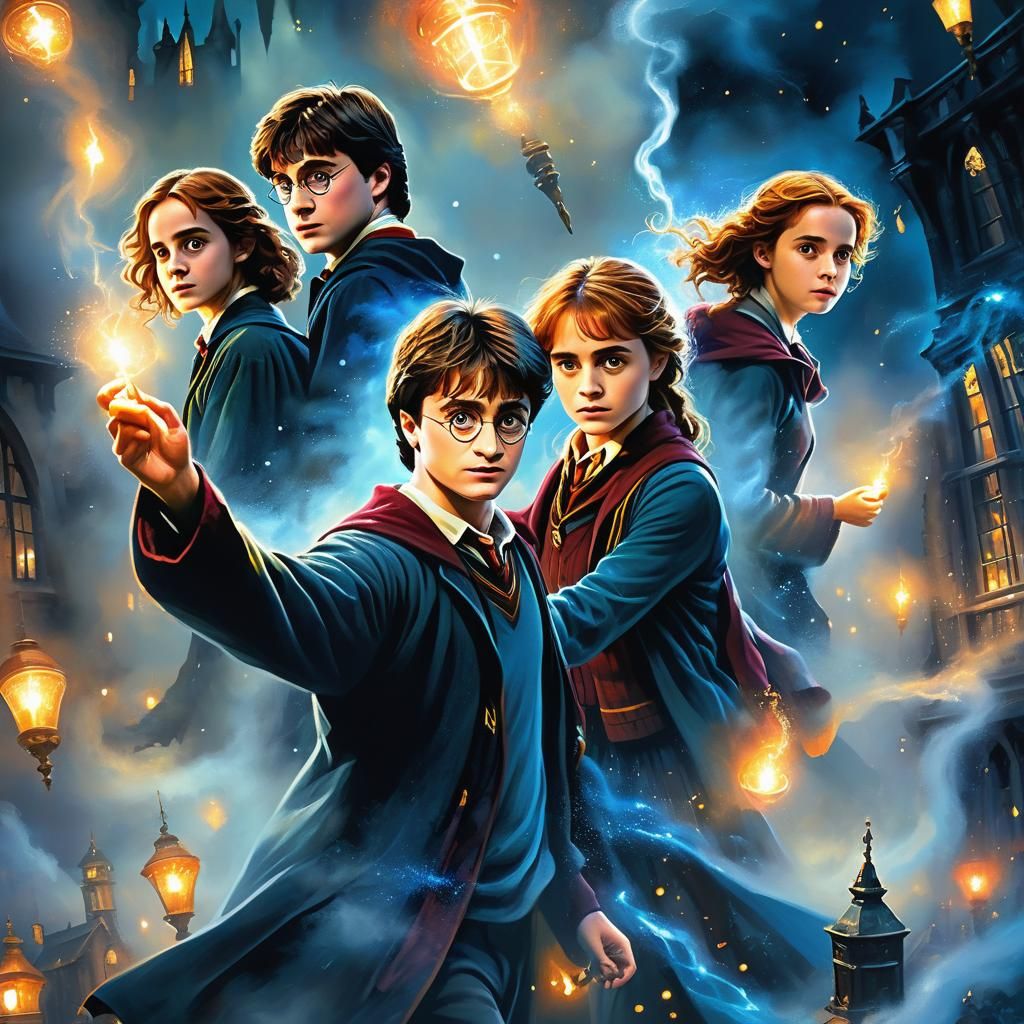 Harry Potter Trio in Vibrant Dark Fantasy Art