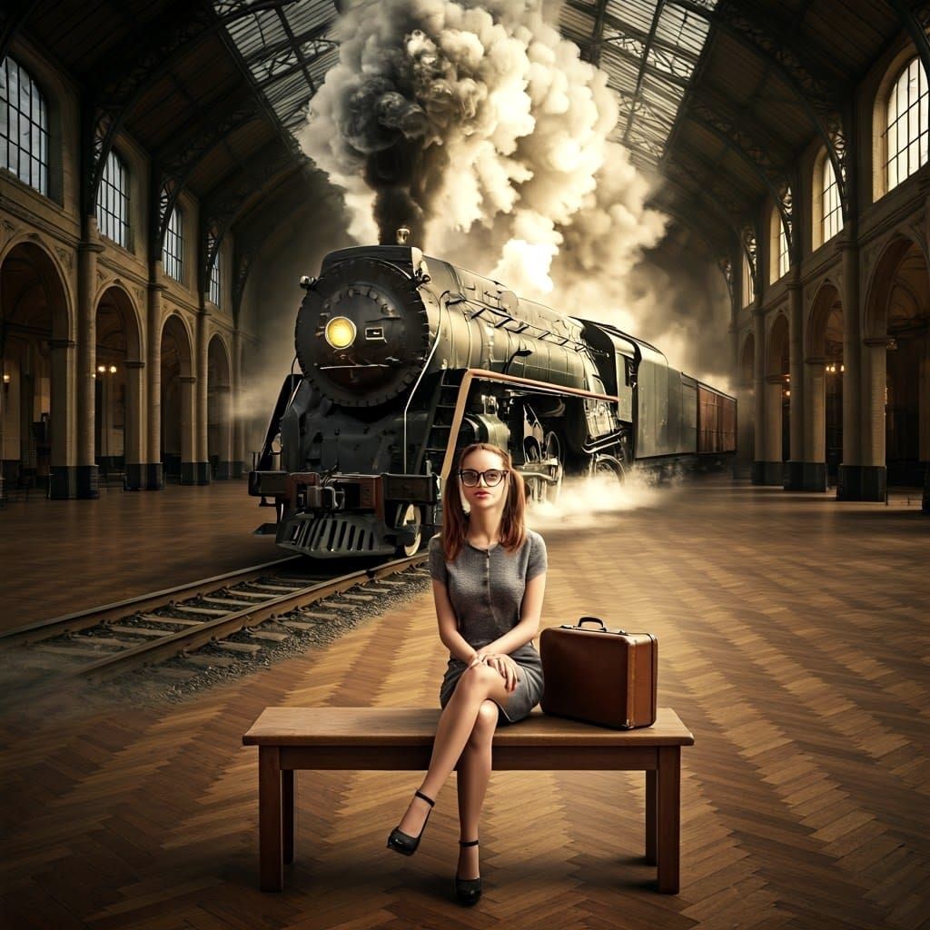 Surreal Scene: Woman Watches Train Pull into Gallery