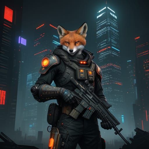 Cyberpunk Fox Guardian in Gritty Skyscraper