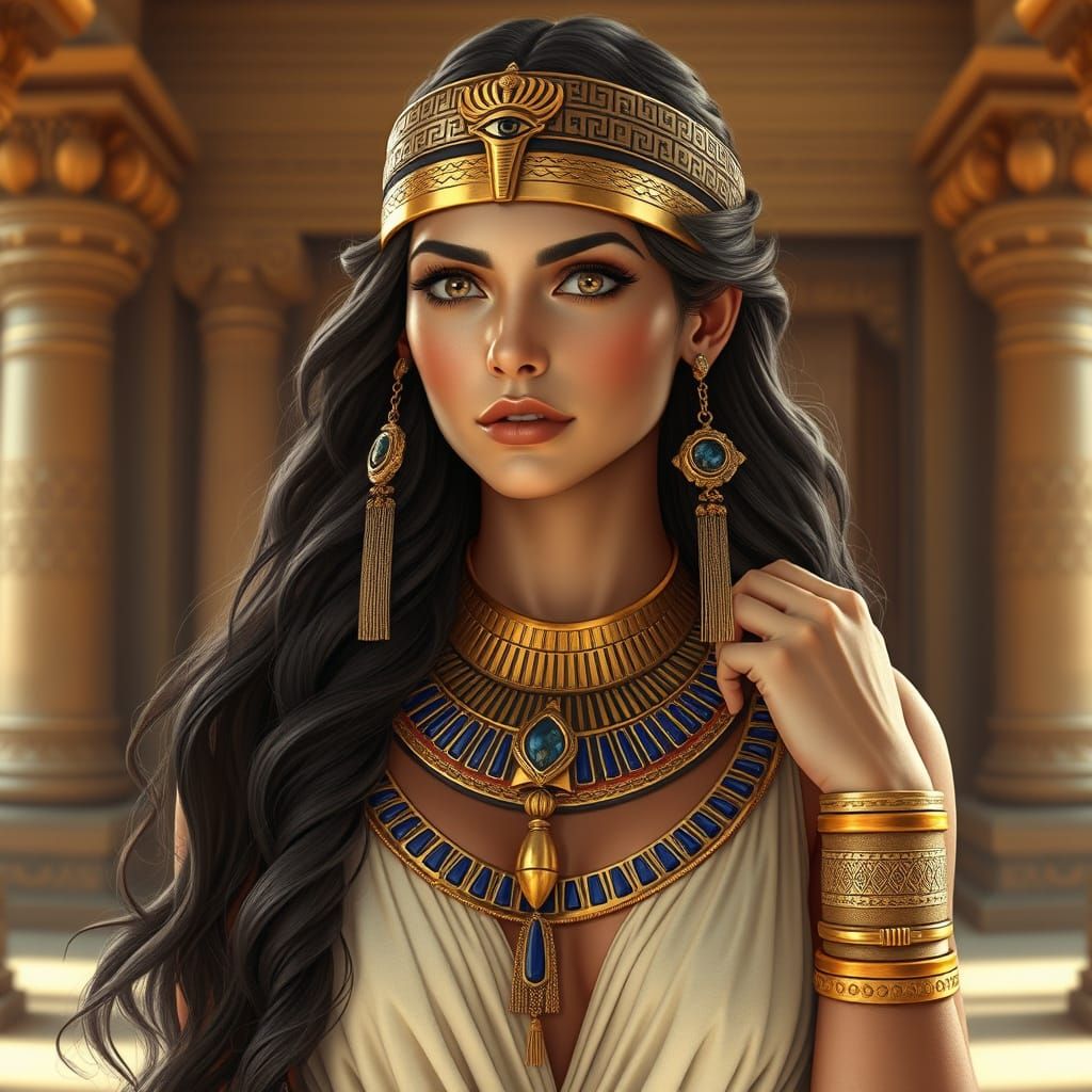 Ancient Egyptian Goddess in Opulent Gold Regalia