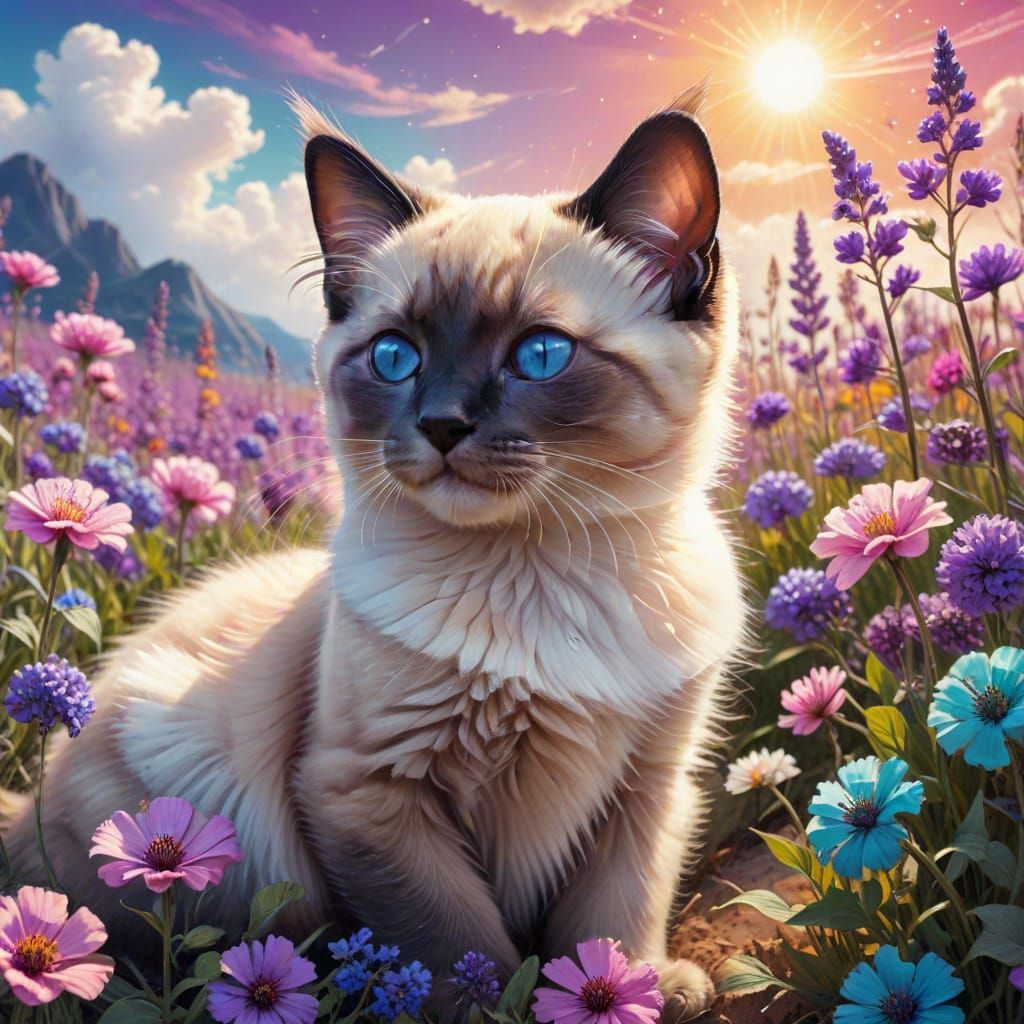 Cute Siamese Kitten in Colorful Flower Field