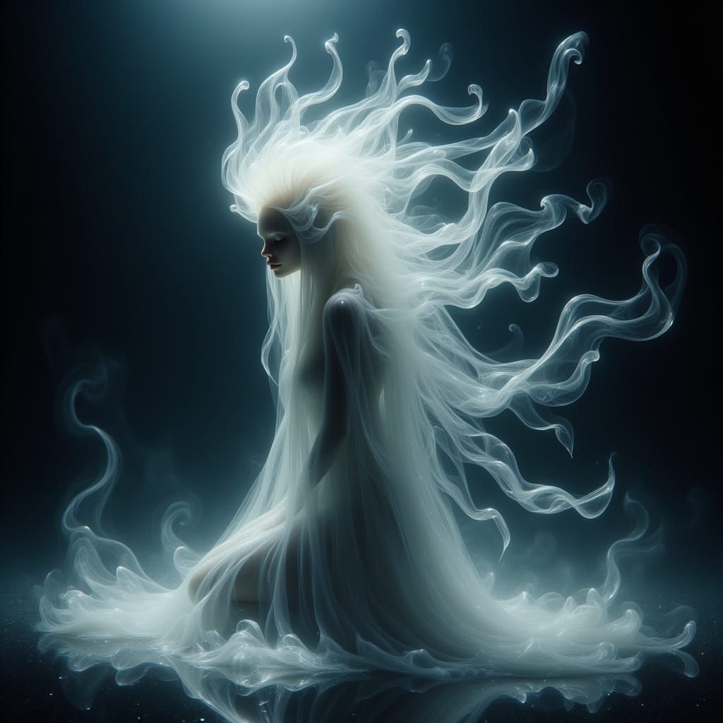 Ethereal Woman in Mystical Cloak, Surrounded by Soft Shadows