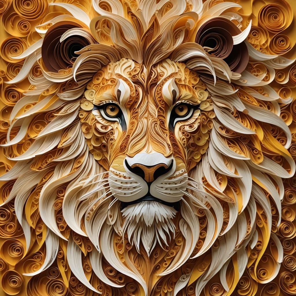 Majestic Golden Lion Head in Intricate Quilling Art