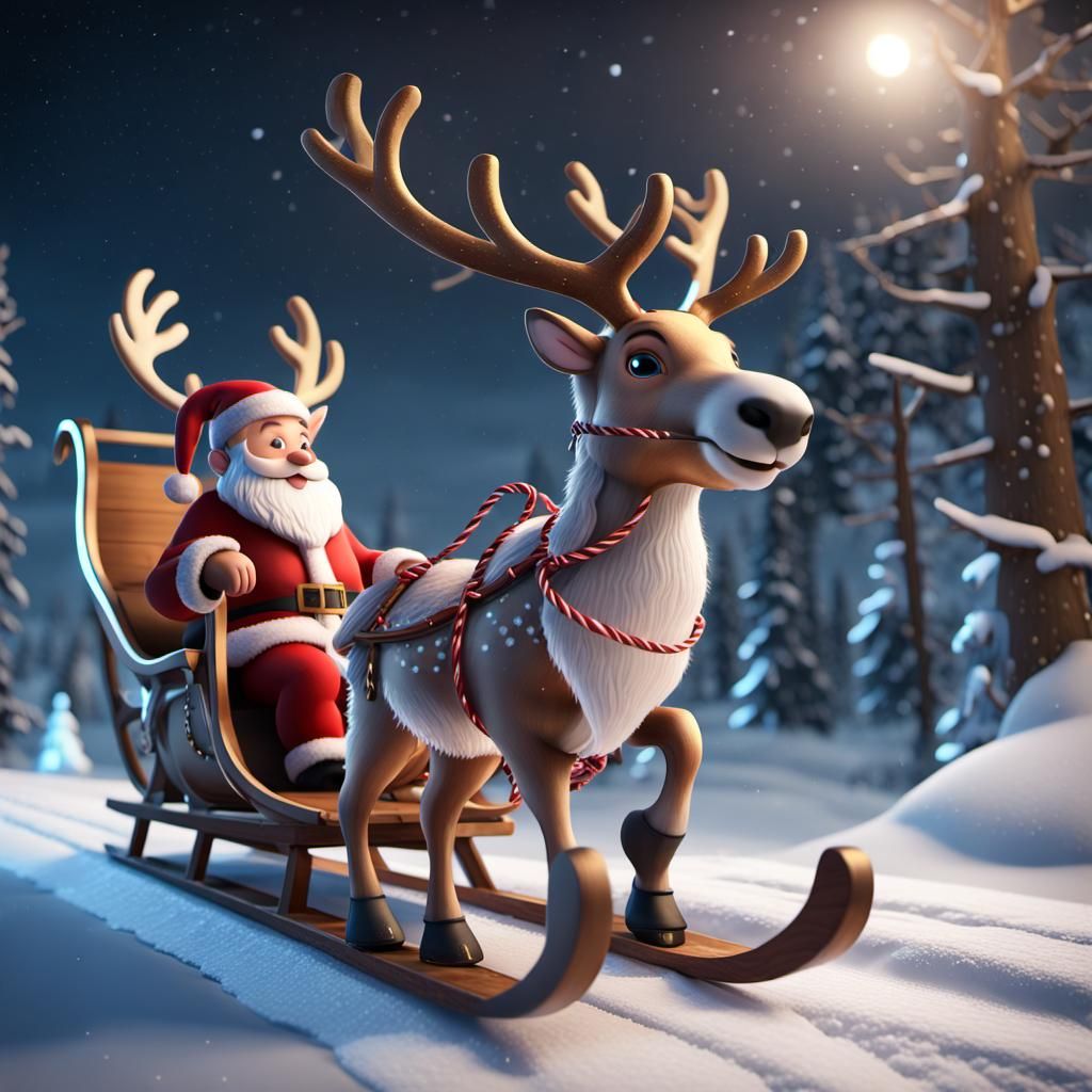 Santa and Reindeer Sled in Detailed Matte Painting