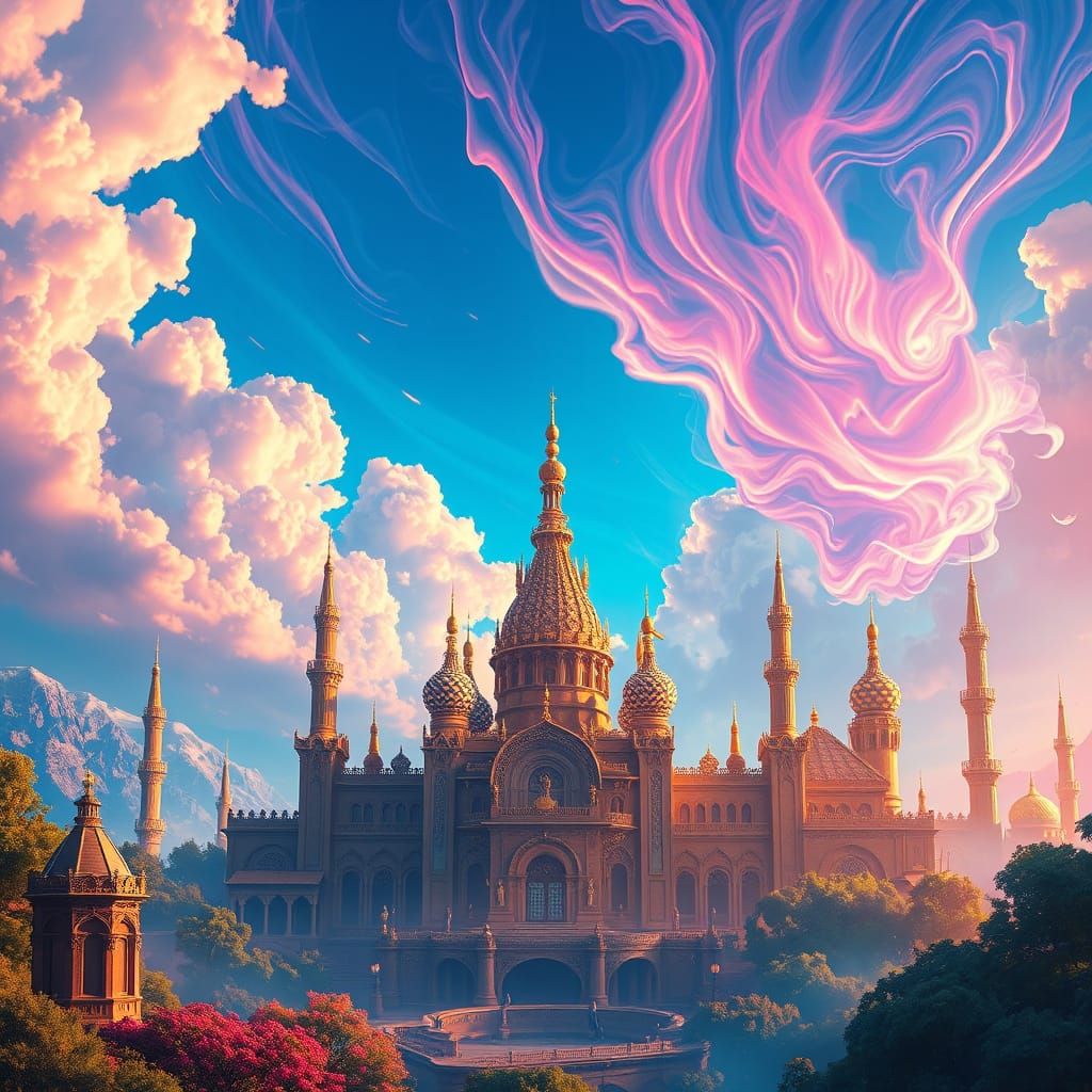 Ethereal Golden Castle in Radiant Blue Skies