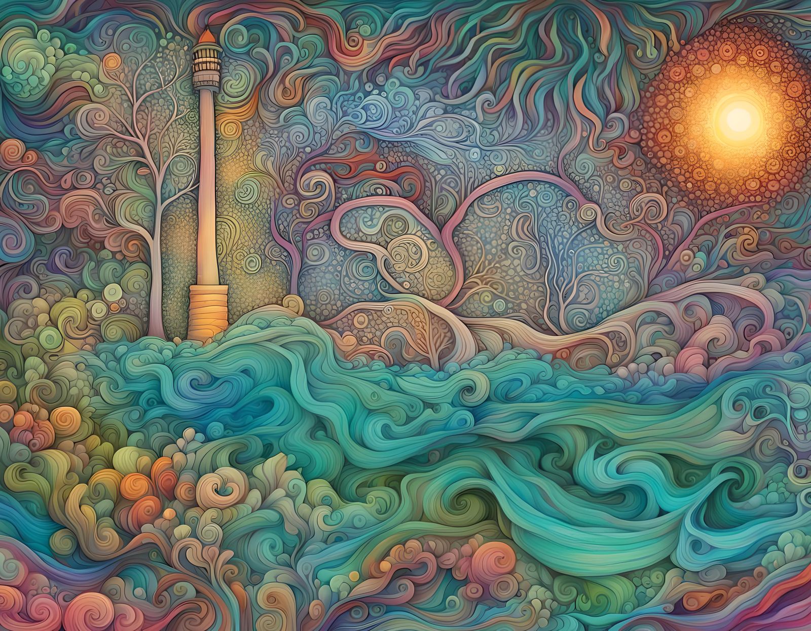 Lighthouse Scene with Quantum Zentangle and River Flora