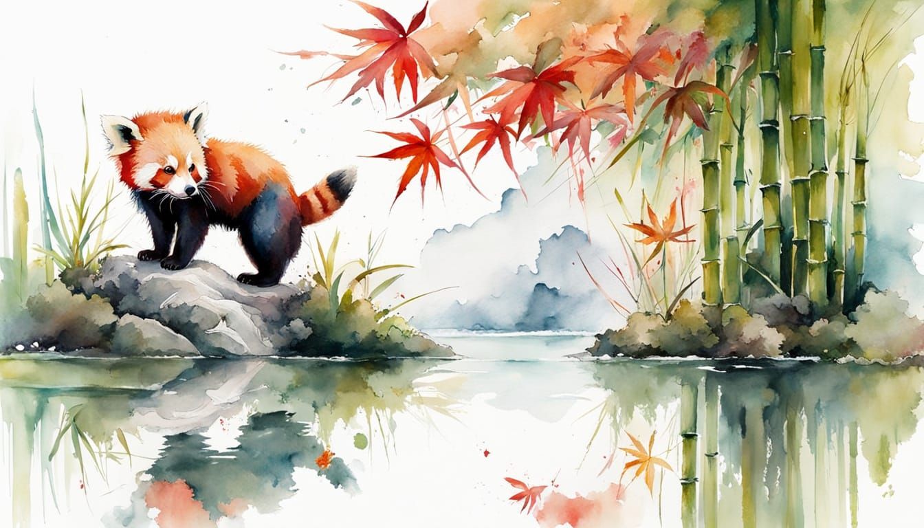 Zen Red Panda in Watercolor Garden