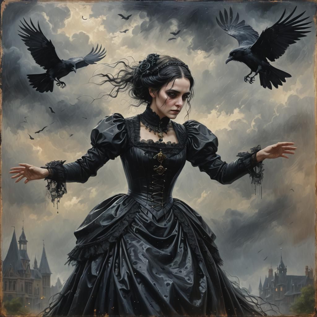 Gothic Victorian Woman with Raven in Oil Painting