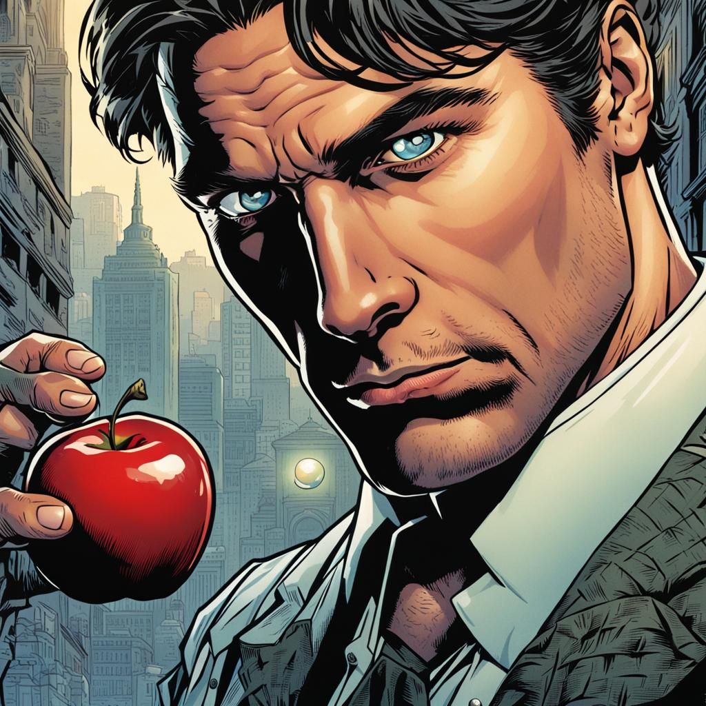 Handsome Man Portrait with Apple Eye, Comic Book Art