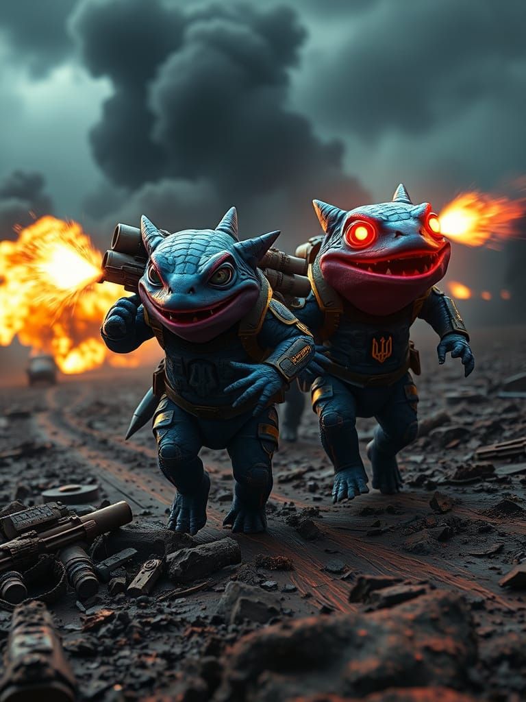 Warrior Axolotl Charge Across War-Torn Battlefield in Cyberp...