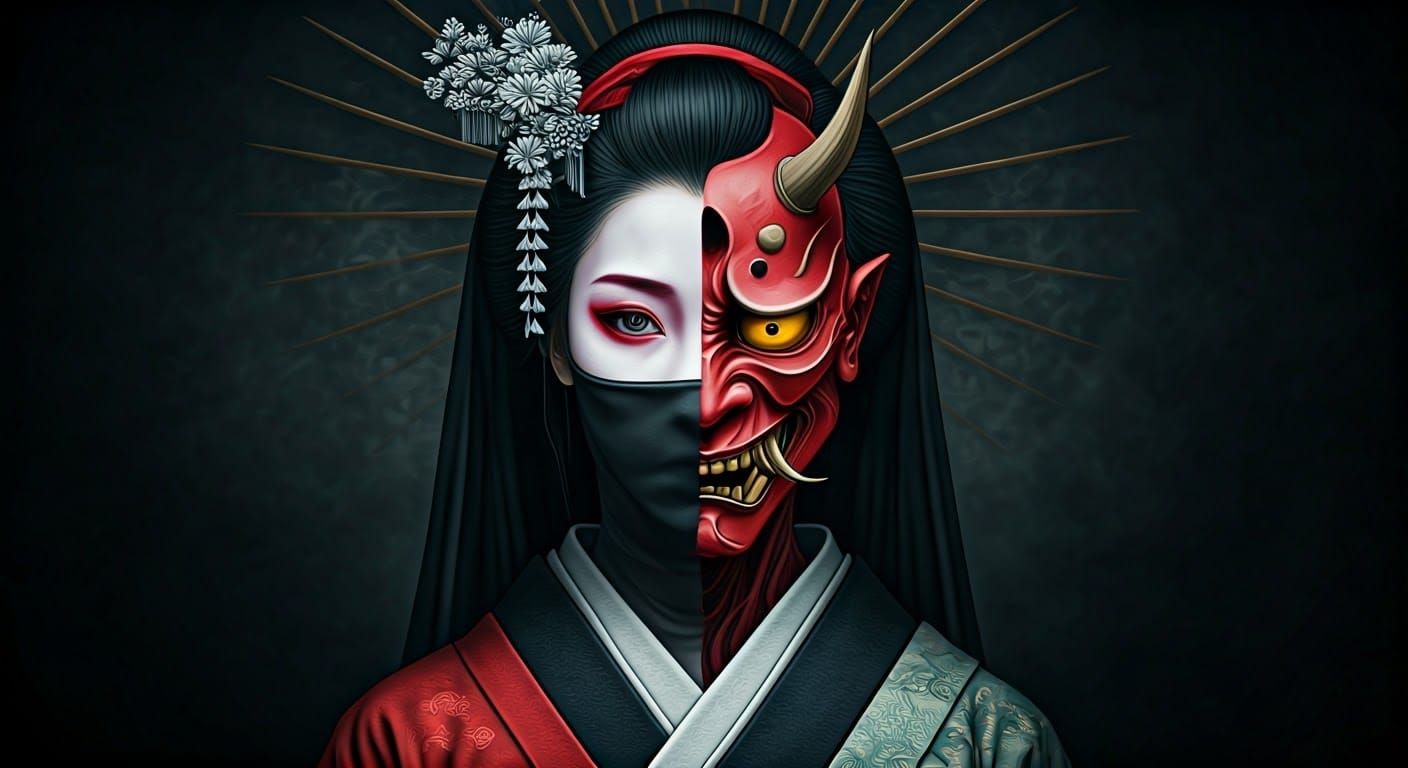 Geisha and Demon: A Split Portrait in Dark Mystical Style