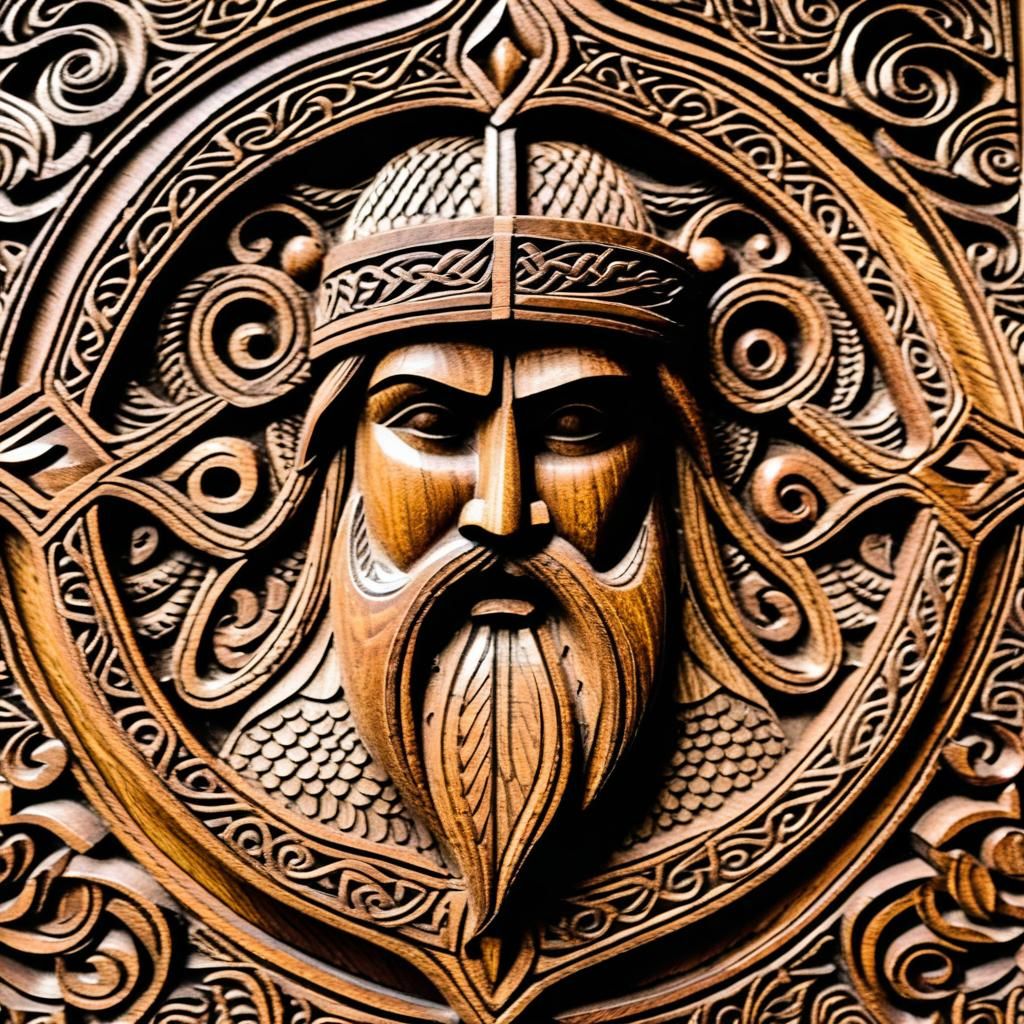 Nordic Wood Carving of Muscular Viking Man